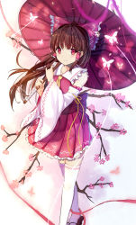 Rule 34 | 1girl, 7lark, adapted costume, arm ribbon, ascot, bad id, bad pixiv id, bare shoulders, bow, brown hair, bug, butterfly, detached sleeves, dress, frilled shirt collar, frilled skirt, frills, geta, hair bow, hair tubes, hakurei reimu, insect, large bow, long hair, long sleeves, looking at viewer, obi, oil-paper umbrella, red dress, red eyes, revision, ribbon, sash, skirt, smile, solo, thighhighs, touhou, umbrella, walking, white thighhighs, wide sleeves, zettai ryouiki