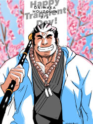 Rule 34 | 1boy, ^ ^, absurdres, bara, cherry blossoms, chest hair, clenched teeth, closed eyes, cross scar, facial hair, goatee, happy birthday, highres, holding, holding polearm, holding weapon, hood, hood down, houzouin oniwaka, jacket, japanese clothes, kimono, large pectorals, long sideburns, male focus, mature male, muscular, muscular male, open clothes, open jacket, over shoulder, pectoral cleavage, pectorals, polearm, saro (rotsw 00022), scar, short hair, sideburns, solo, teeth, tokyo houkago summoners, upper body, weapon, weapon over shoulder
