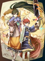 Rule 34 | 1boy, 1girl, :d, blue eyes, bow (weapon), breasts, cape, durandal (fire emblem), fire emblem, fire emblem heroes, green eyes, green hair, headband, high ponytail, holding, holding sword, holding weapon, horse, horseback riding, large breasts, long hair, looking at viewer, lyn (fire emblem), mother and son, nintendo, open mouth, ponytail, red hair, riding, roy (fire emblem), shoochiku bai, smile, standing, sword, very long hair, weapon