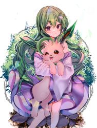 Rule 34 | 1girl, absurdres, bare shoulders, blue skirt, blush, closed mouth, commentary, creatures (company), detached sleeves, eyelashes, fangs, frog hair ornament, game freak, gen 4 pokemon, green hair, hair ornament, highres, holding, holding pokemon, knees, kochiya sanae, leafeon, lips, long hair, long sleeves, looking at viewer, nintendo, nontraditional miko, one eye closed, pokemon, pokemon (creature), purple eyes, skirt, smile, snake hair ornament, solo, symbol-only commentary, tactoki, touhou