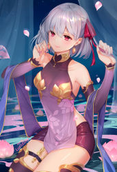 Rule 34 | 1girl, artist name, bare shoulders, blush, breasts, closed mouth, detached sleeves, dress, earrings, fate/grand order, fate (series), hair between eyes, hair ribbon, jewelry, kama (fate), kama (first ascension) (fate), looking at viewer, lucidsky, medium breasts, petals, purple skirt, red eyes, ribbon, short hair, silver hair, sitting, skirt, smile, solo, thigh strap, thighhighs, thighs, water