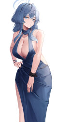 Rule 34 | 1girl, absurdres, ako (blue archive), ako (dress) (blue archive), black hairband, blue archive, blue dress, blue eyes, blue hair, blue halo, blush, breasts, cleavage, collarbone, cuffs, dress, feet out of frame, hair between eyes, hairband, halo, handcuffs, highres, large breasts, long hair, mea (hwaksal), official alternate costume, parted lips, sideboob, simple background, sleeveless, sleeveless dress, solo, white background