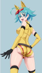 Rule 34 | 10s, 1girl, ass, bad id, bad pixiv id, bare shoulders, belt, blue eyes, blue hair, blush, breasts, elbow gloves, from behind, gloves, gundam, gundam build divers, headgear, leotard, looking at viewer, looking back, medium breasts, nanase nanami (gundam build divers), ontaros, shiny skin, short hair, simple background, smile, solo, standing, thighhighs, yellow gloves, yellow leotard, yellow thighhighs