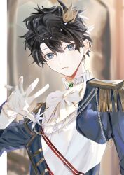 Rule 34 | 1boy, belt, black hair, blue eyes, bow, crown, epaulettes, fate/grand order, fate (series), fujimaru ritsuka (male), fujimaru ritsuka (male) (halloween royalty), gloves, hair ornament, highres, jacket, long sleeves, looking at viewer, male focus, mini crown, official alternate costume, sasakitogd, shirt, short hair, solo, white bow, white gloves