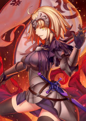Rule 34 | 1girl, black gloves, black thighhighs, blonde hair, breasts, fate/grand order, fate (series), gloves, helmet, highres, jeanne d&#039;arc (fate), jeanne d&#039;arc alter (avenger) (fate), jeanne d&#039;arc alter (fate), looking at viewer, sheath, sheathed, short hair, smile, solo, sword, thighhighs, torn clothes, tsuki suigetsu, weapon, yellow eyes
