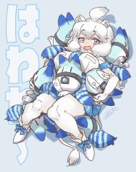 Rule 34 | 1girl, animal ears, big hair, blue bow, blue eyes, blue necktie, blue skirt, blush, boots, bow, commentary request, elbow gloves, fang, fanta (the banana pistols), footwear bow, fur collar, gloves, highres, kemono friends, lion ears, lion girl, lion tail, long hair, lucky beast (kemono friends), lying, necktie, on back, open mouth, pantyhose, plaid, plaid necktie, plaid neckwear, plaid skirt, plaid trim, pleated skirt, shirt, shoes, short sleeves, skirt, solo, t-shirt, tail, translation request, white footwear, white gloves, white hair, white lion (kemono friends), white pantyhose