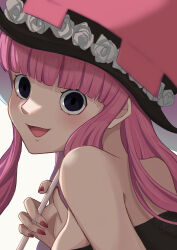 Rule 34 | 1girl, absurdres, artist request, bare arms, bare shoulders, black dress, black eyes, black hat, blush, breasts, cleavage, dress, drill hair, eyes visible through hair, hat, highres, holding, holding umbrella, large breasts, long hair, looking at viewer, looking back, one piece, open mouth, perona, pink hair, shiny skin, simple background, umbrella, very long hair, white background