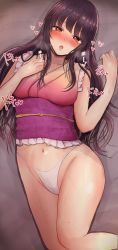 Rule 34 | 1girl, :o, absurdres, arm up, blunt bangs, blush, breasts, brown eyes, brown hair, collarbone, commentary request, commission, dress, frilled dress, frills, hand on own chest, heart, heavy breathing, highres, hime cut, houraisan kaguya, knees, large breasts, long hair, looking at viewer, lying, mebunryo (mebunryo2), navel, obi, obijime, on back, open mouth, panties, pixiv commission, sash, sidelocks, solo, stomach, sweat, sweatdrop, teeth, thick thighs, thighs, touhou, touhou tag dream, translation request, underwear, upper teeth only, white panties