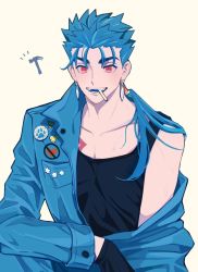 Rule 34 | 1boy, alternate costume, beads, blue hair, bodypaint, cu chulainn (fate), earrings, fangs, fate/stay night, fate (series), hair beads, hair ornament, jewelry, jumpsuit, cu chulainn (fate/stay night), long hair, long sleeves, male focus, mechanic, mog pero, open mouth, patch, ponytail, red eyes, simple background, solo, spiked hair, sweat, tank top, type-moon, undressing, white background