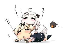 Rule 34 | 10s, 2girls, abyssal ship, ahoge, blonde hair, blush, bow, chibi, colored skin, comic, dress, closed eyes, fang, fingerless gloves, gloves, hair bow, hair flaps, hair ornament, hair ribbon, hairclip, hase yu, horns, kantai collection, long hair, lying, lying on person, mittens, multiple girls, northern ocean princess, on stomach, open mouth, pleated skirt, remodel (kantai collection), ribbon, school uniform, serafuku, skirt, tongue, tongue out, translated, white dress, white hair, white skin, yuudachi (kancolle), zzz