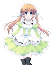 Rule 34 | absurdres, ahoge, bad source, black socks, bow, bowtie, copyright request, dress, frilled dress, frills, green dress, hair ribbon, happy, hasekura chiaki, highres, long hair, looking at viewer, maid, maid headdress, open mouth, ribbon, skirt hold, smile, socks, source request, transparent background, twintails, white background