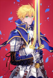 Rule 34 | 1boy, ahoge, armor, arthur pendragon (fate), blonde hair, blue cape, blue footwear, breastplate, cape, closed mouth, commentary request, dated, excalibur (fate/prototype), falling petals, fate/grand order, fate/prototype, fate/prototype: fragments of blue and silver, fate (series), faulds, flower, fur-trimmed collar, fur-trimmed sleeves, fur trim, gauntlets, gold trim, green eyes, holding, holding sword, holding weapon, long sleeves, looking at viewer, male focus, pauldrons, petals, red background, shatin (pomelomcp), short hair, shoulder armor, signature, simple background, smile, solo, sword, upper body, weapon