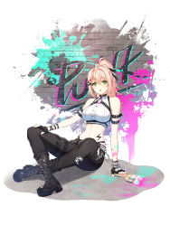 Rule 34 | 1girl, :o, arm belt, arm support, artist request, bare shoulders, belt, black choker, black footwear, black gloves, black pants, blonde hair, boots, bracelet, breasts, brick wall, buttons, chain, chest harness, choker, closers, collarbone, crop top, earrings, fingerless gloves, gloves, graffiti, green eyes, hair ornament, hair ribbon, hairclip, harness, highleg, highres, indian style, jewelry, large breasts, leg belt, long hair, looking at viewer, midriff, navel, o-ring, official art, open mouth, paintbrush, pants, ponytail, ribbon, shirt, sitting, sleeveless, sleeveless shirt, solo, soma (closers), stomach, studded belt, tattoo, torn clothes, torn pants, white shirt, wristband