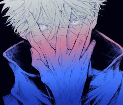 Rule 34 | 1boy, black background, covered mouth, glowing, glowing eyes, gojou satoru, hand on own face, highres, jacket, jujutsu kaisen, looking at viewer, male focus, partially colored, portrait, simple background, solo, tiyu0710, turtleneck, turtleneck jacket, white eyes, white hair