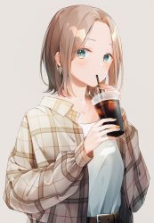 Rule 34 | 1girl, belt, blush, brown hair, coffee, collarbone, collared jacket, cup, disposable cup, drinking, drinking straw, drinking straw in mouth, earrings, eyes visible through hair, green eyes, grey background, grey nails, highres, holding, holding cup, holding drinking straw, jacket, jewelry, long sleeves, nail polish, original, parted bangs, shirt, tadano yukiko, white shirt, yellow nails