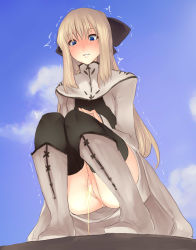 Rule 34 | 1girl, ^^^, anus, ass, black thighhighs, blonde hair, blue eyes, blush, boots, cleft of venus, cloud, cyrille (shining force exa), day, female focus, full body, goban, grey footwear, long hair, long sleeves, no panties, nose blush, parted lips, pee, peeing, pussy, sega, shining (series), shining force exa, sky, smile, solo, squatting, thighhighs, thighhighs under boots, trembling, uncensored