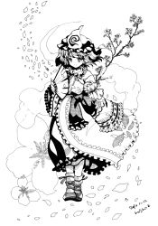 Rule 34 | 1girl, ballpoint pen (medium), branch, cherry blossoms, dated, hand fan, female focus, flower, greyscale, hat, japanese clothes, lineart, monochrome, mosho, petals, saigyouji yuyuko, short hair, signature, solo, touhou, traditional media