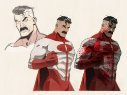 Rule 34 | 1boy, black hair, blood, blood on clothes, blood on face, bodysuit, cape, facial hair, gloves, grey background, highres, invincible (series), male focus, mature male, multicolored hair, muscular, muscular male, mustache, omni-man, pectorals, red bodysuit, red cape, short hair, simple background, stephanie (stephpeppery), superhero costume, two-tone bodysuit, two-tone hair, white bodysuit