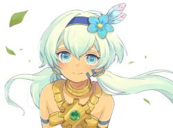 Rule 34 | 1girl, bare shoulders, blue eyes, blue flower, blue hairband, blush, character request, closed mouth, commentary request, facial mark, fantasy life, feathers, flower, gears, gold trim, hair between eyes, hair flower, hair ornament, hairband, jewelry, leaf, long hair, looking at viewer, low twintails, necklace, philia (fl philia107), smile, solo, twintails, upper body, white background, white hair, wind