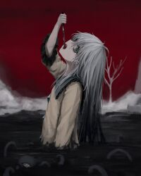 Rule 34 | 1girl, alternate hair length, alternate hairstyle, arm at side, arm up, bare tree, blood, bloody knife, frilled shirt, frills, from side, grey eyes, grey hair, highres, holding, holding knife, knife, knife in mouth, komeiji koishi, long hair, long sleeves, looking at viewer, looking to the side, open mouth, partially submerged, red sky, reverinth, shirt, sky, solo, touhou, tree, upper body, yellow shirt