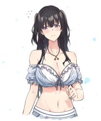 Rule 34 | 1girl, arm at side, bang dream!, bare shoulders, bikini, bikini skirt, black hair, blunt bangs, blush, bow, bow bikini, breasts, cleavage, closed mouth, collarbone, commentary request, flying sweatdrops, frilled bikini, frills, gingham, gingham bikini, groin, highres, jewelry, large breasts, long hair, looking at viewer, navel, necklace, purple eyes, shirokane rinko, solo, sou (kanade 3344), stomach, swimsuit, two side up, upper body, white background, white bikini