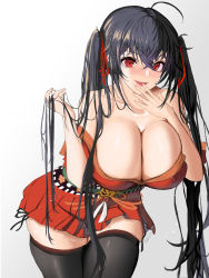Rule 34 | 1girl, ahoge, anti kumo, azur lane, bare shoulders, black hair, black thighhighs, blush, breasts, cleavage, crossed bangs, dress, hair between eyes, hair ribbon, hand in own hair, hand to own mouth, highres, huge breasts, leaning forward, long hair, looking at viewer, pleated dress, red dress, red eyes, red ribbon, ribbon, short dress, simple background, skindentation, solo, taihou (azur lane), thighhighs, twintails, very long hair, white background, zettai ryouiki