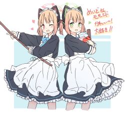 Rule 34 | 2girls, animal ear headphones, animal ears, apron, black dress, blonde hair, blue archive, blue bow, blue bowtie, blush, bow, bowtie, cat ear headphones, cropped legs, dress, fake animal ears, green eyes, green halo, halo, headphones, heart, highres, holding, holding mop, kamotsu yasai, blue background, long sleeves, looking at another, maid, maid apron, maid headdress, midori (blue archive), midori (maid) (blue archive), momoi (blue archive), momoi (maid) (blue archive), mop, multiple girls, official alternate costume, one eye closed, open mouth, pink eyes, pink halo, short hair, siblings, sisters, smile, translation request, twins, white apron, white background