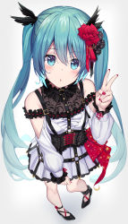 Rule 34 | 1girl, :o, aqua hair, arm garter, bib (bibboss39), blue eyes, commentary, crescent, dress, eyes visible through hair, flower, frills, from above, hair between eyes, hair flower, hair ornament, hair ribbon, hatsune miku, high heels, highres, lace, long hair, long sleeves, looking at viewer, nail polish, open mouth, project sekai, red nails, revision, ribbon, rose, sidelocks, simple background, solo, standing, twintails, v, very long hair, vocaloid, white background, white dress