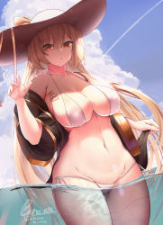 Rule 34 | 1girl, armpits, bad id, bad pixiv id, bare shoulders, bikini, body writing, bodypaint, breasts, cameltoe, character name, cleavage, cloud, collarbone, commentary, contrail, cowboy shot, day, english commentary, girls&#039; frontline, gluteal fold, hair between eyes, hand up, hat, hat ribbon, large breasts, light brown hair, long hair, looking at viewer, m37 (girls&#039; frontline), m37 (summer parader) (girls&#039; frontline), micro bikini, navel, off shoulder, official alternate costume, orange eyes, outdoors, pairleaf, parted lips, ribbon, side-tie bikini bottom, signature, skindentation, swimsuit, thigh gap, thighs, very long hair, wading, water, white bikini, white headwear, wide hips, wide sleeves