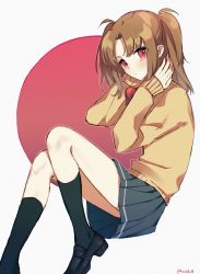 Rule 34 | 1girl, black footwear, black socks, blush, bow, bowtie, brown hair, commentary request, grey skirt, highres, long hair, long sleeves, looking at viewer, matsuoka (mtok 0), miniskirt, parted bangs, parted lips, pleated skirt, red bow, red bowtie, red eyes, school uniform, shoes, sidelocks, sitting, skirt, socks, solo, sweater, tsukihime, tsukihime (remake), twitter username, two side up, uniform, yellow sweater, yumizuka satsuki