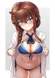 Rule 34 | 1girl, ahoge, arthur ko, bikini, bikini under clothes, blue bikini, blue eyes, blush, braid, breasts, brown hair, cleavage, closed mouth, collared shirt, commentary request, front-tie bikini top, front-tie top, hair between eyes, hair flaps, hair ornament, hair over shoulder, hairpin, highres, kantai collection, large breasts, long hair, long sleeves, looking at viewer, navel, open clothes, open shirt, seductive smile, shigure (kancolle), shigure kai ni (kancolle), shirt, side-tie bikini bottom, simple background, single braid, smile, swimsuit, translation request, white shirt