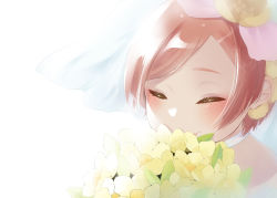 Rule 34 | 1girl, absurdres, artist name, artist request, back bow, bare shoulders, bouquet, bow, breasts, cherry blossoms, choker, cleavage, closed eyes, collarbone, dress, earrings, female focus, flower, gloves, hair between eyes, hair flower, hair ornament, highres, holding, holding bouquet, hoshizora rin, jewelry, looking at viewer, love live!, love live! school idol festival, love live! school idol project, love wing bell, love wing bell (love live!), orange flower, orange hair, parted lips, pink bow, plaid, plaid dress, pleated, pleated dress, pom pom (clothes), pom pom hair ornament, short dress, short hair, sleeveless, sleeveless dress, smile, solo, strapless, strapless dress, upper body, veil, wedding dress, white background, white choker, white dress, white gloves, white veil, white wrist cuffs, wrist cuffs, yellow flower