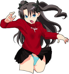 Rule 34 | 00s, 1girl, baba arumi, bad id, bad pixiv id, black hair, blue panties, clothes lift, cowboy shot, cropped legs, fate/stay night, fate (series), green eyes, highleg, highleg panties, open mouth, panties, skirt, skirt lift, solo, tohsaka rin, twintails, two side up, underwear, wind, wind lift