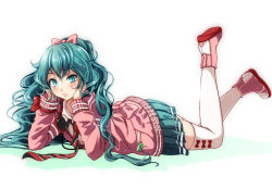 Rule 34 | 1girl, alternate hairstyle, ankle boots, aqua eyes, aqua hair, aqua skirt, arm support, blush, boots, bow, collared shirt, full body, green bow, hair bow, hands on own cheeks, hands on own face, hatsune miku, headphones, headphones around neck, jacket, legs up, long sleeves, looking at viewer, lying, miniskirt, necktie, on stomach, pink bow, pink footwear, pink jacket, pleated skirt, ponytail, project diva (series), red bow, red necktie, shirt, simple background, skirt, solo, striped necktie, striped neckwear, thighhighs, tsukishiro saika, vocaloid, wavy hair, white background, white shirt, white thighhighs, wing collar, zettai ryouiki