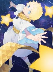 Rule 34 | 1boy, baggy clothes, blonde hair, blue eyes, bright pupils, fate/grand order, fate/requiem, fate (series), full body, glowing, highres, looking at viewer, looking back, male focus, parted bangs, rozu ki, scarf, shooting star, short sleeves, sky, solo, space, star (sky), star (symbol), starry background, starry sky, voyager (fate), voyager (first ascension) (fate), yellow scarf