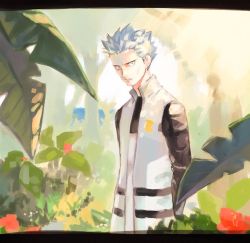 Rule 34 | 1boy, arms behind back, closed mouth, coat, creatures (company), cyrus (pokemon), day, flower, foliage, game freak, grey hair, leaf, letterboxed, looking at viewer, male focus, nintendo, outdoors, p-40 (tukinosita-de), pokemon, pokemon dppt, red flower, solo, spiked hair, team galactic, tree