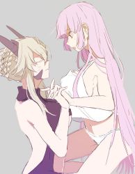 Rule 34 | 2girls, artoria pendragon (fate), artoria pendragon (lancer alter) (fate), bad id, bad twitter id, bare shoulders, blonde hair, braid, center opening, closed eyes, fate/grand order, fate (series), holding hands, highres, horns, long hair, medb (fate), medb (fate), midriff, multiple girls, navel, open mouth, panties, purple eyes, sweat, tank top, turtleneck, underwear, very long hair, yama (ymmm 66)