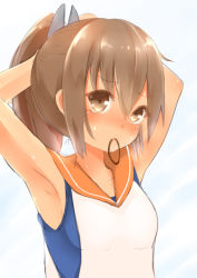 Rule 34 | 10s, 1girl, armpits, bad id, bad pixiv id, bare shoulders, blush, brown eyes, brown hair, hairdressing, i-401 (kancolle), kantai collection, looking at viewer, mouth hold, one-piece swimsuit, personification, ponytail, rubber band, sailor collar, school swimsuit, school uniform, short hair, short ponytail, solo, swimsuit, swimsuit under clothes, tan, yu1