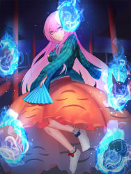 Rule 34 | 1girl, blue fire, bobby socks, breasts, bubble skirt, closed mouth, expressionless, fire, folding fan, fox mask, from side, full body, hand fan, hata no kokoro, highres, long hair, long sleeves, looking at viewer, looking to the side, mask, mask on head, medium breasts, minami koyogi, night, oni mask, pink eyes, pink hair, plaid, plaid shirt, shirt, sidelocks, skirt, socks, solo, touhou, very long hair, white socks