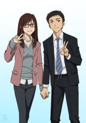 Rule 34 | 1boy, 1girl, aged up, bad id, bad twitter id, black hair, black suit, brown hair, collared shirt, couple, dated, evangelion: 3.0+1.0 thrice upon a time, formal, glasses, gradient background, grey eyes, grey sweater, grin, hetero, highres, holding hands, ikari shinji, iseki shuuichi, long hair, looking at viewer, makinami mari illustrious, necktie, neon genesis evangelion, rebuild of evangelion, red-framed eyewear, salaryman, shirt, signature, sleeves past wrists, smile, spoilers, suit, sweater, v, v-neck