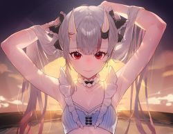 Rule 34 | 1girl, adjusting hair, armpits, backlighting, bare arms, beach, black ribbon, breasts, close-up, closed mouth, collarbone, commentary request, earrings, evening, fangs, grey hair, hair ribbon, heart, heart earrings, hololive, horn ornament, horn ribbon, horns, jewelry, kakage, looking at viewer, nakiri ayame, nakiri ayame (hololive summer 2019), ocean, outdoors, red eyes, ribbon, skin-covered horns, small breasts, smile, sunlight, sunset, swimsuit, twintails, upper body, virtual youtuber, water, waves