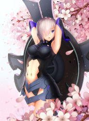 Rule 34 | 1girl, armor, armpits, arms up, blurry, breasts, ccjn, cherry blossoms, cowboy shot, depth of field, elbow gloves, fate/grand order, fate (series), faulds, flower, gloves, gradient background, hair over one eye, highres, holding, holding shield, leotard, light particles, looking at viewer, mash kyrielight, navel, one eye covered, petals, pink background, pink flower, purple eyes, purple hair, shield, short hair, sleeveless, solo, stomach