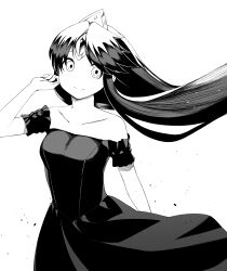 Rule 34 | 1girl, absurdres, alternate costume, bare shoulders, black dress, blush, closed mouth, collarbone, dress, floating hair, grand summoners, hand up, highres, long dress, long hair, looking at viewer, monochrome, no.2 (grand summoners), off-shoulder dress, off shoulder, puppuppa, smile, solo, strapless, strapless dress, white background