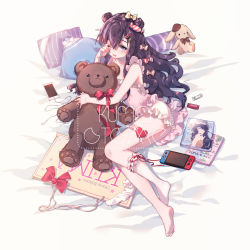 Rule 34 | 1girl, barefoot, bed sheet, black hair, blush, bow, candy, candy hair ornament, cellphone, earbuds, earphones, earphones removed, food, food-themed hair ornament, frilled socks, frills, hair bow, hair bun, hair ornament, hairclip, heart, highres, lingerie, long hair, looking at viewer, lying, magazine (object), nintendo, nintendo switch, on side, open mouth, original, phone, pillow, purple eyes, red ribbon, ribbon, ribbon-trimmed legwear, ribbon trim, rubbing eyes, side bun, sign, single side bun, single sock, smartphone, smile, socks, unworn socks, solo, striped, striped bow, stuffed animal, stuffed rabbit, stuffed toy, teddy bear, thigh strap, underwear, wavy hair, yuzhi