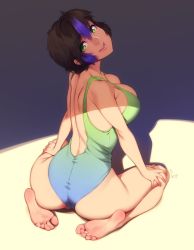 Rule 34 | 1girl, artist name, ass, back, bare back, bare shoulders, barefoot, black hair, breasts, cleavage, feet, feguimel, green eyes, highleg, highleg swimsuit, highres, jessica (feguimel), large breasts, lips, looking at viewer, looking back, multicolored hair, one-piece swimsuit, open mouth, original, purple hair, short hair, shoulder blades, sidelocks, signature, sitting, skindentation, smile, solo, swimsuit, toes, two-tone hair, wariza