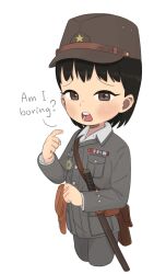 Rule 34 | 1girl, black cat03, black hair, brown eyes, child, commentary, cropped legs, english commentary, english text, frown, grey jacket, hat, highres, holster, imperial japanese army, jacket, military uniform, open mouth, original, pointing, pointing at self, sheath, short hair, solo, sword, uniform, weapon