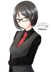 Rule 34 | 10s, 1girl, bad id, bad pixiv id, black hair, formal, glasses, green eyes, holding own arm, kantai collection, kirishima (kancolle), looking at viewer, necktie, nekobaka, short hair, simple background, solo, suit, vest, white background