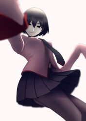 Rule 34 | 1girl, :3, absurdres, ass, black eyes, black hair, black necktie, black pantyhose, black skirt, blurry, blurry background, bob cut, breasts, closed mouth, commentary, cowboy shot, eibu, empty eyes, from below, from side, hair between eyes, highres, looking at viewer, looking to the side, midriff peek, miniskirt, monogatari (series), naoetsu high school uniform, narrowed eyes, necktie, oshino ougi, pale skin, pantyhose, pink shirt, pleated skirt, school uniform, shirt, short hair, simple background, skirt, sleeves past fingers, sleeves past wrists, small breasts, smile, smug, solo, very long sleeves, w arms, white background