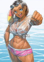 Rule 34 | 1girl, abs, absurdres, areola slip, arung samudra (cessa), borrowed character, breasts, brown hair, cirenk, clenched hand, commentary, dark-skinned female, dark skin, dolphin shorts, earrings, english commentary, eyewear on head, fist bump, grey eyes, hand on own hip, highres, innertube, jewelry, large breasts, lips, lipstick, looking at viewer, lowleg, lowleg shorts, makeup, midriff, no bra, ombok diving and delivery services, open mouth, outstretched arm, pink shorts, see-through, shirt, short hair, short shorts, shorts, side-tie shirt, solo, stud earrings, sunglasses, swim ring, teeth, thighs, toned, very dark skin, wading, water, wet, wet clothes, wet shirt