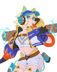 Rule 34 | 1girl, absurdres, animal ear headphones, animal ears, animification, apex legends, blonde hair, blue eyes, cable, cat ear headphones, cropped shirt, electricity, fake animal ears, gloves, grey shirt, grey shorts, hat, headphones, highres, jacket, kebkebab, looking up, midriff, multicolored clothes, multicolored jacket, navel, official alternate costume, purple gloves, purple hat, shirt, short hair, shorts, simple background, solo, thigh strap, thunder kitty wattson, visor cap, wattson (apex legends), white background, yellow jacket